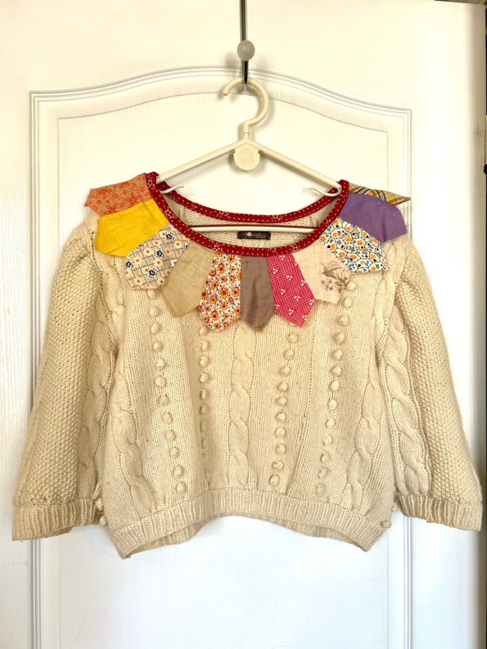 Honeybea Upcycled Cream Wool Fisherman Sweater with Quilt Collar